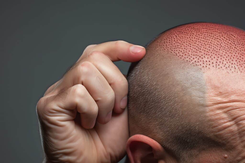 A person scratching his head after a hair transplant
