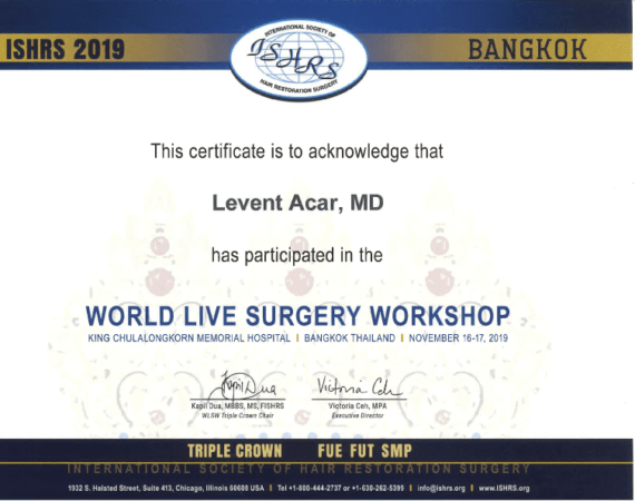 Dr. Levent Acar got his certificate from ISHRS congress 2019 in Bangok