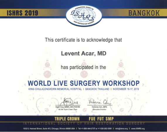 Dr. Levent Acar got his certificate from ISHRS congress 2019 in Bangok