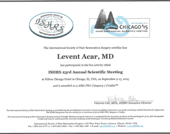 Dr. Levent Acar got his certificate from ISHRS congress 2015 in Chicago