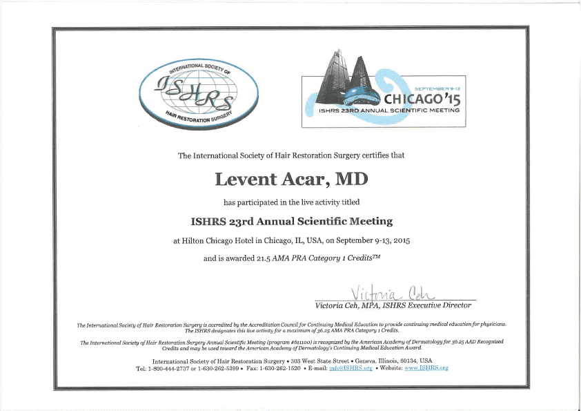ISHRS сертификат доктор Levent Acar Чикаго 2015