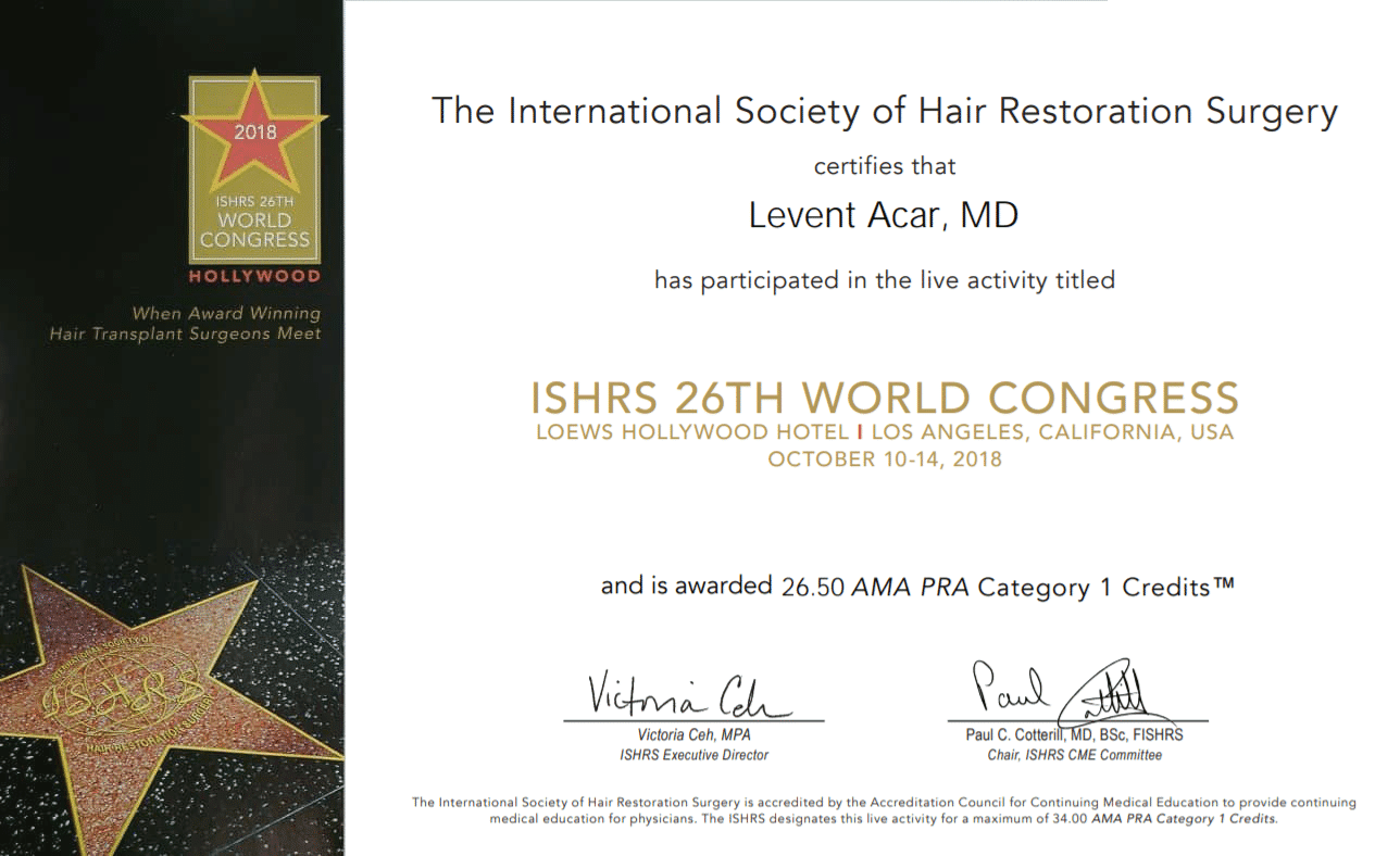hollywood-ishrs-levent-acar-hair-transplantation-congress-2018 сертификат