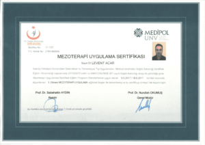 Medical Aesthetic Workshop in İstanbul Turkish Health Ministry Private Medipol University certificate of Dr Acar