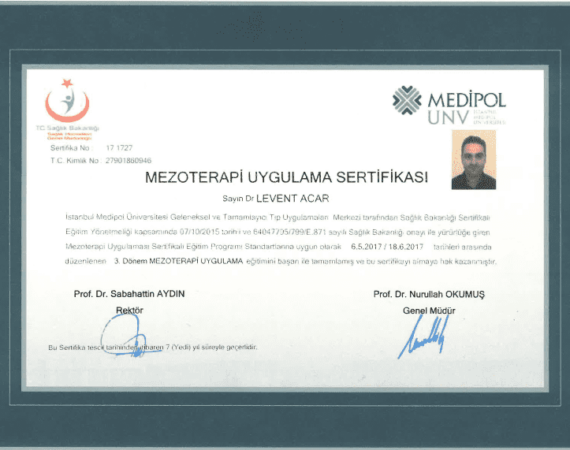 Medical Aesthetic Workshop in İstanbul Turkish Health Ministry Private Medipol University certificate of Dr Acar