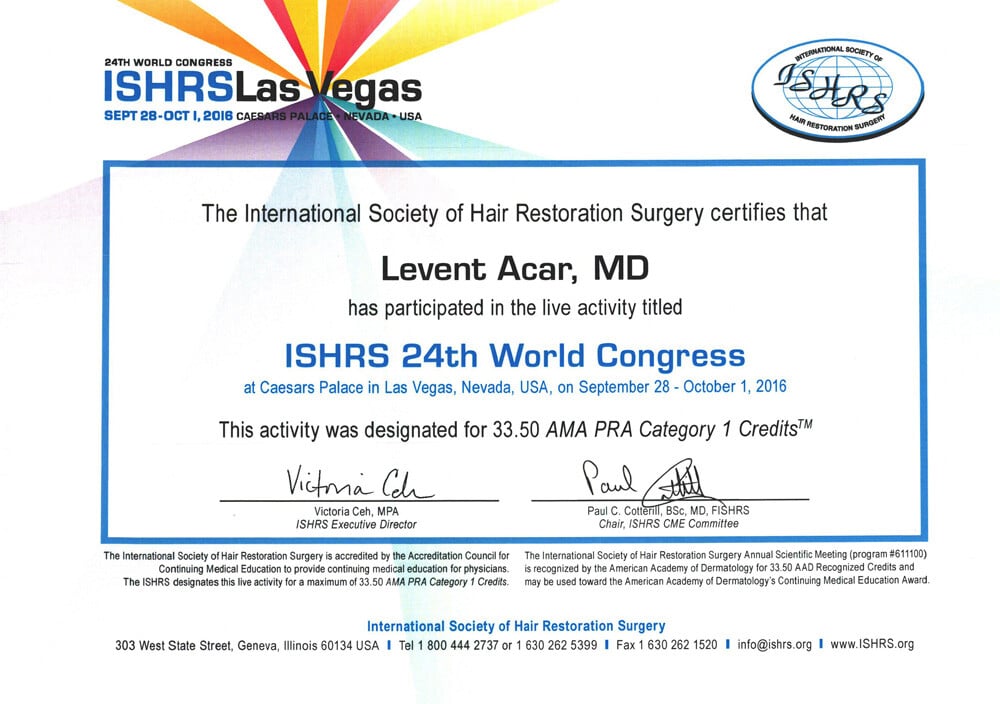 Сертификат Доктора Levent Acar ISHRS Лас-Вегас 2016