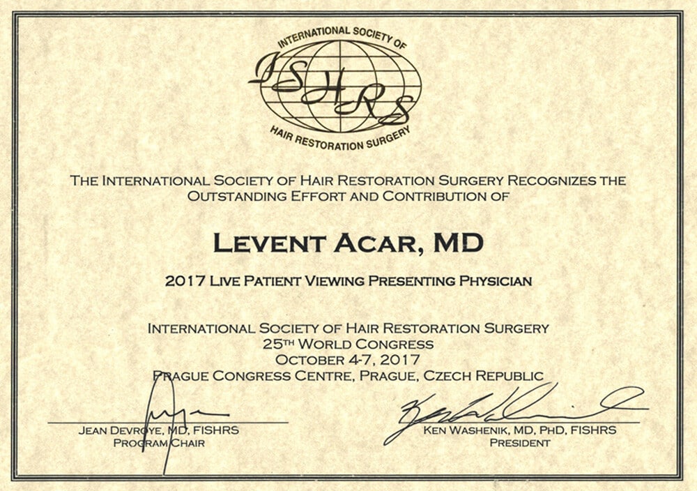 Сертификат Доктора Levent Acar ISHRS Прага 2017