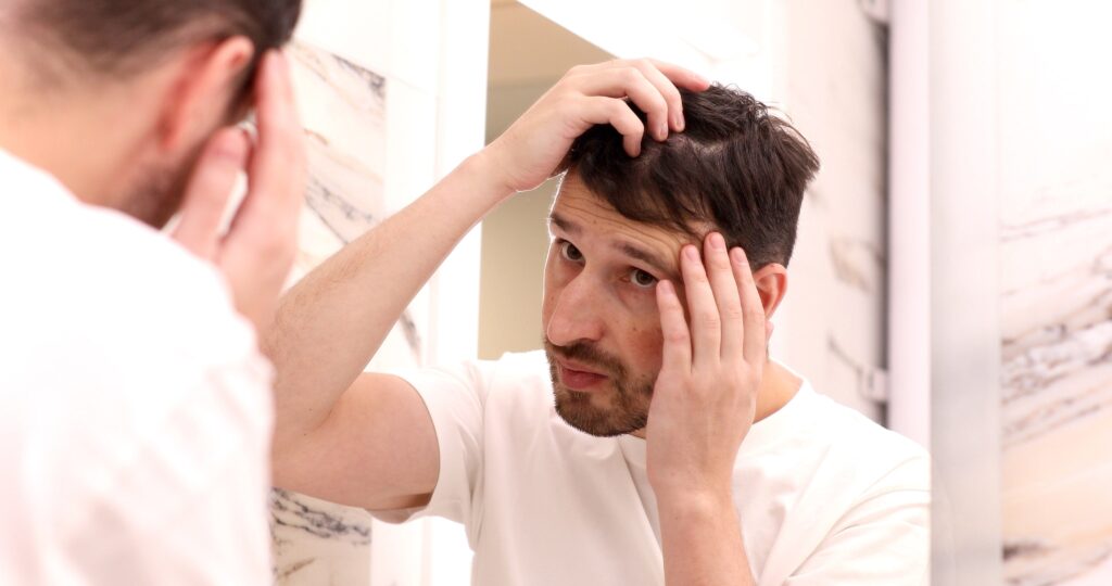 Homme aux cheveux gras se regardant dans le miroir de la salle de bain