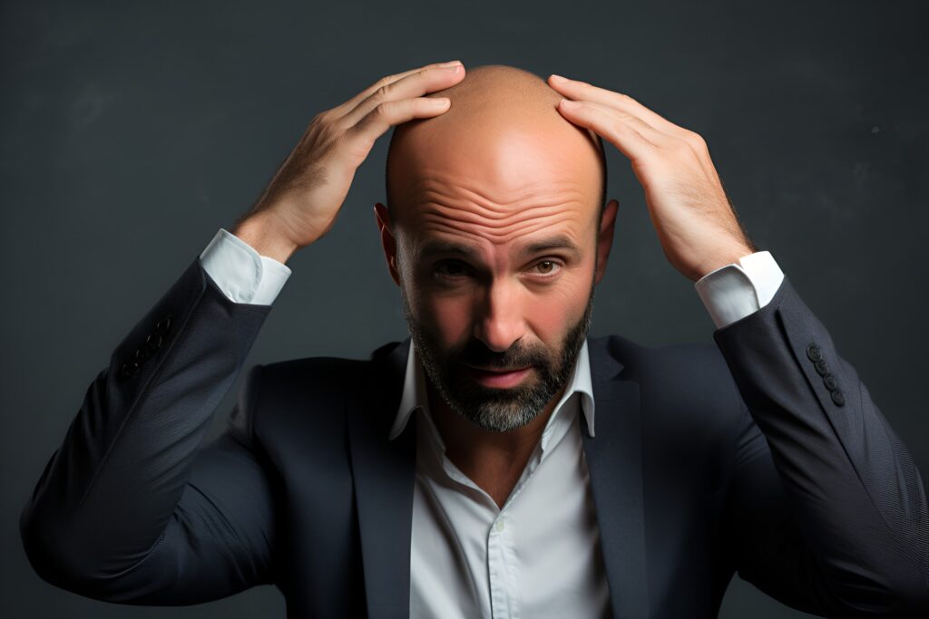 Man looking in the mirror, concerned about his hair loss