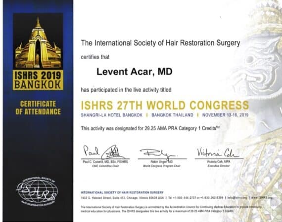 Certificate of participation for 27th ISHRS world congress 2019 in Bangkok