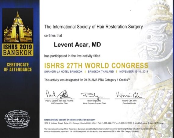 Certificate of participation for 27th ISHRS world congress 2019 in Bangkok