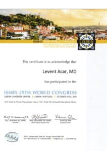 Certificate of participation for 29th ISHRS world congress 2021 in Lisbon