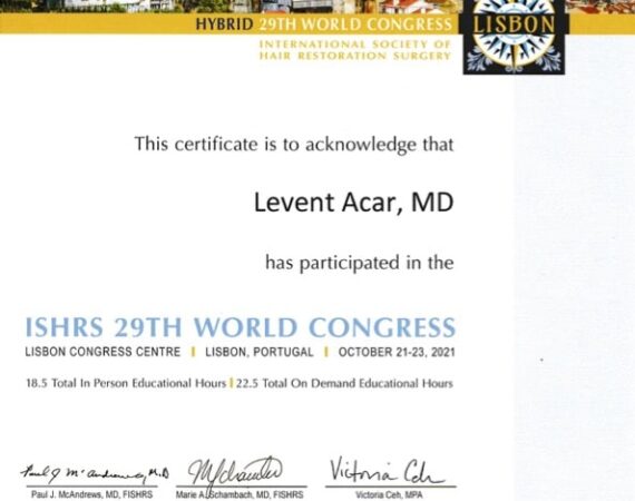 Certificate of participation for 29th ISHRS world congress 2021 in Lisbon