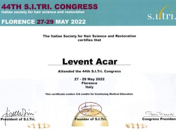 Certificate of participation for 44th SITRI congress Florence 2022