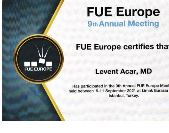 Certificate of participation for 9th annual FUE Europe congress in Istanbul 2021