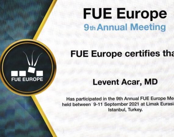 Certificate of participation for 9th annual FUE Europe congress in Istanbul 2021