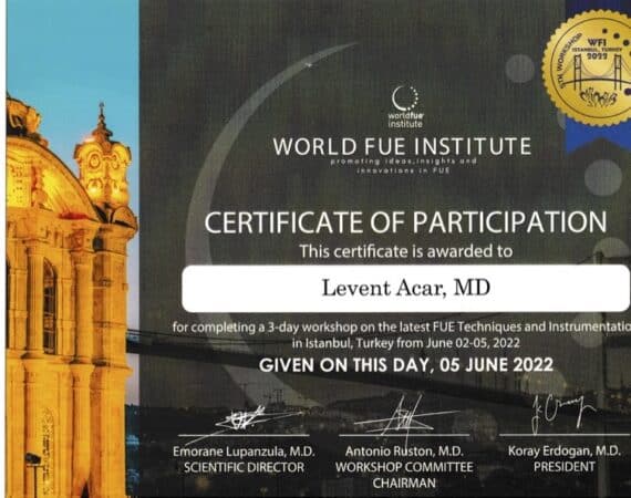 Certificate of participation for World FUE Institute congress 2022 in Istanbul