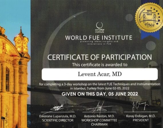 Certificate of participation for World FUE Institute congress 2022 in Istanbul