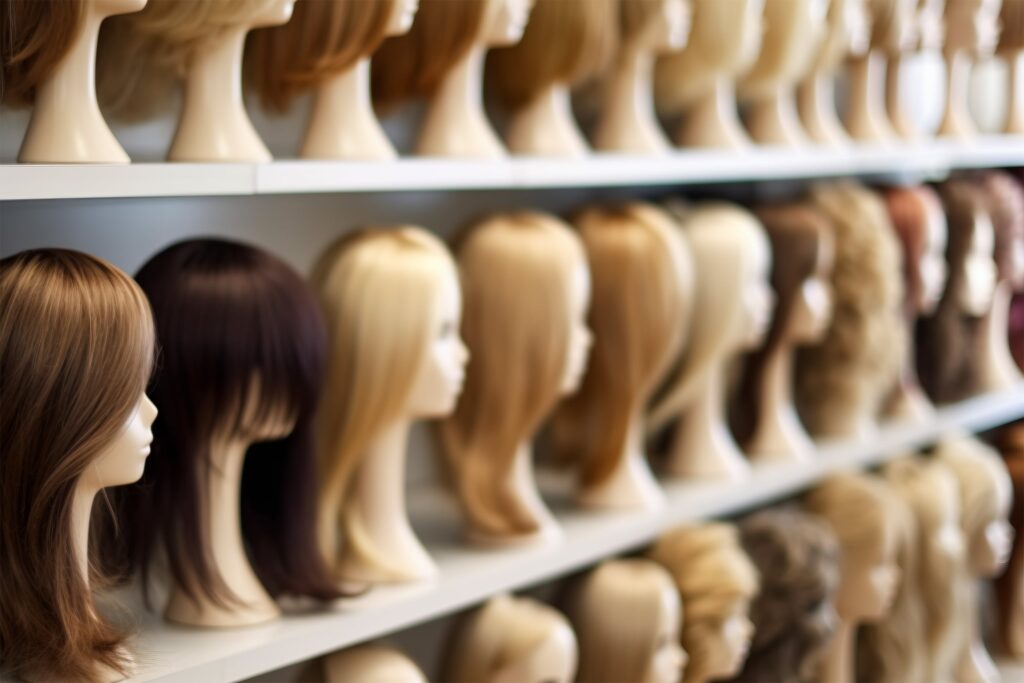 A palette of hues of hair color in a store of wigs.