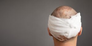 Back of the head of a man right after a hair transplant surgery