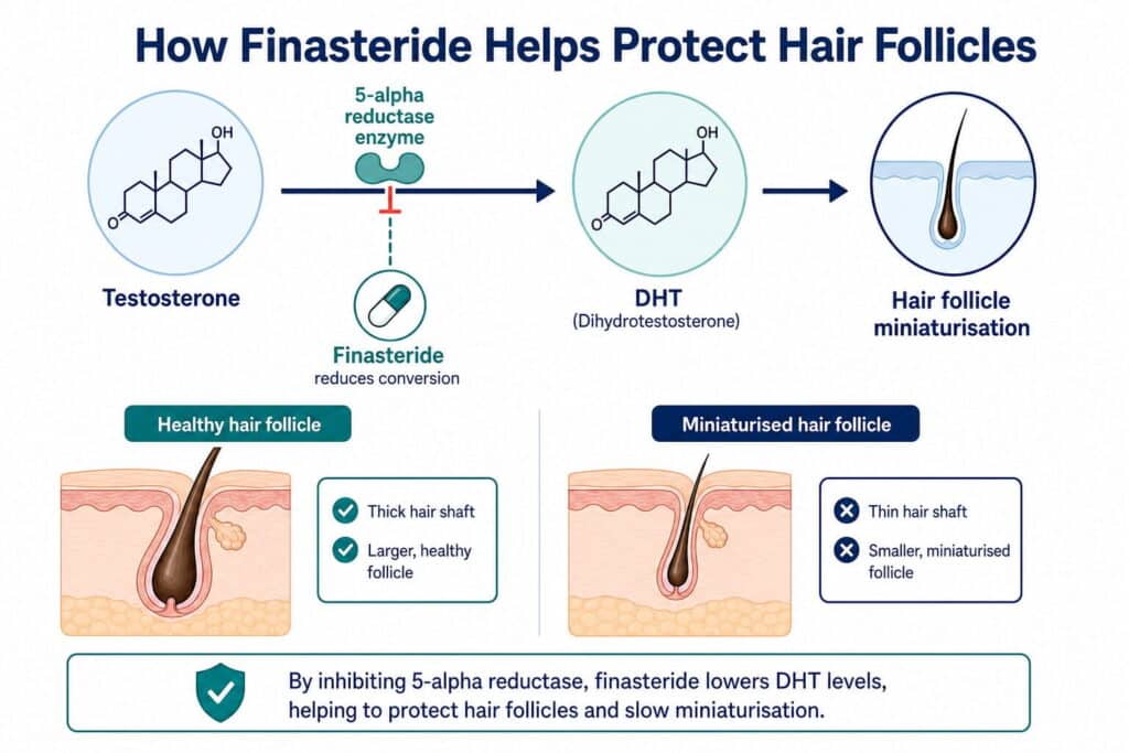 Diagram showing how finasteride blocks 5 alpha reductase to reduce DHT and prevent hair follicle miniaturization