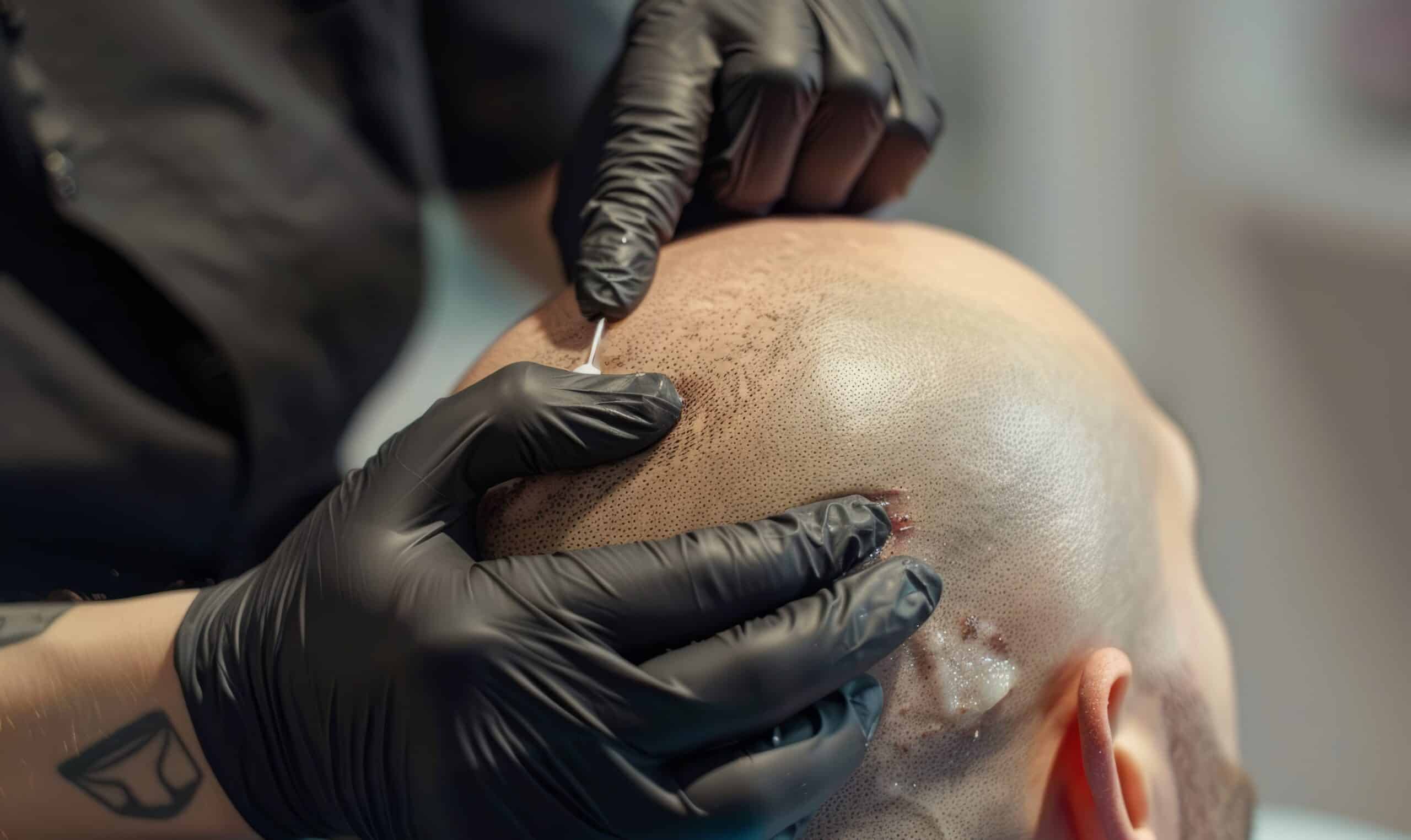 Photo montrant une procédure de micropigmentation des cheveux