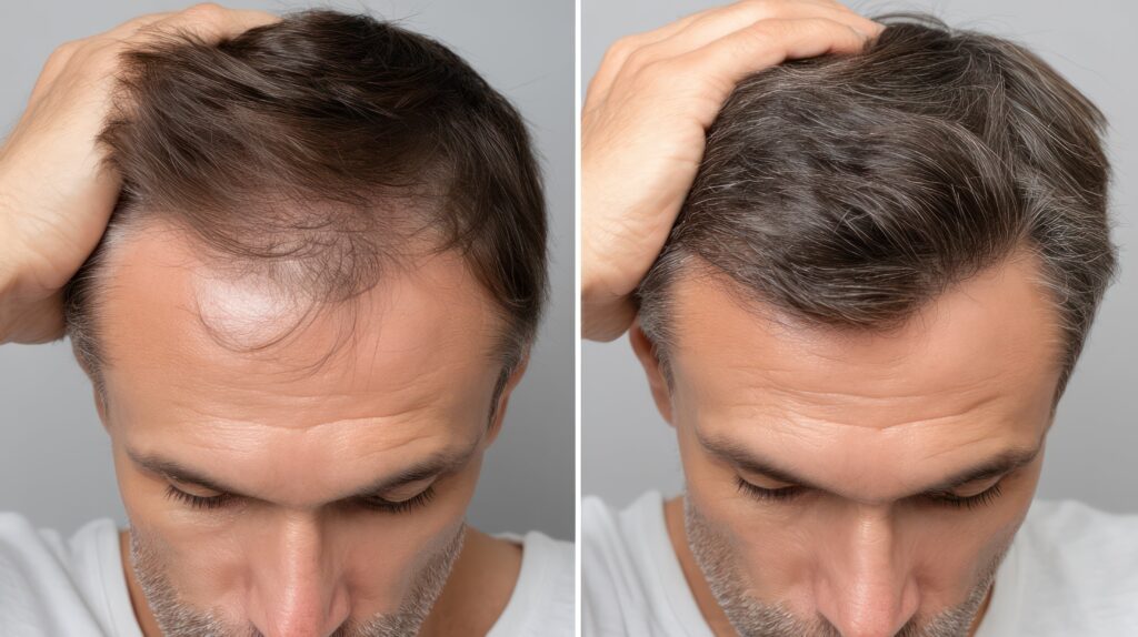 Close-up comparison of a man’s head before and after a successful hair transplant procedure. Depending on the clinic, hair transplant results will be similar in Turkey vs USA