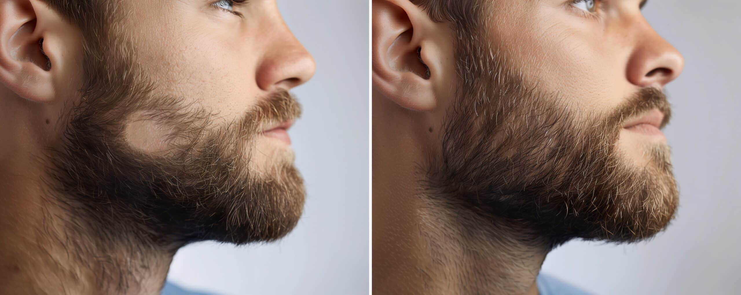 Photo de résultats avant/après d’une greffe de barbe et de cheveux chez un homme souffrant de pelade