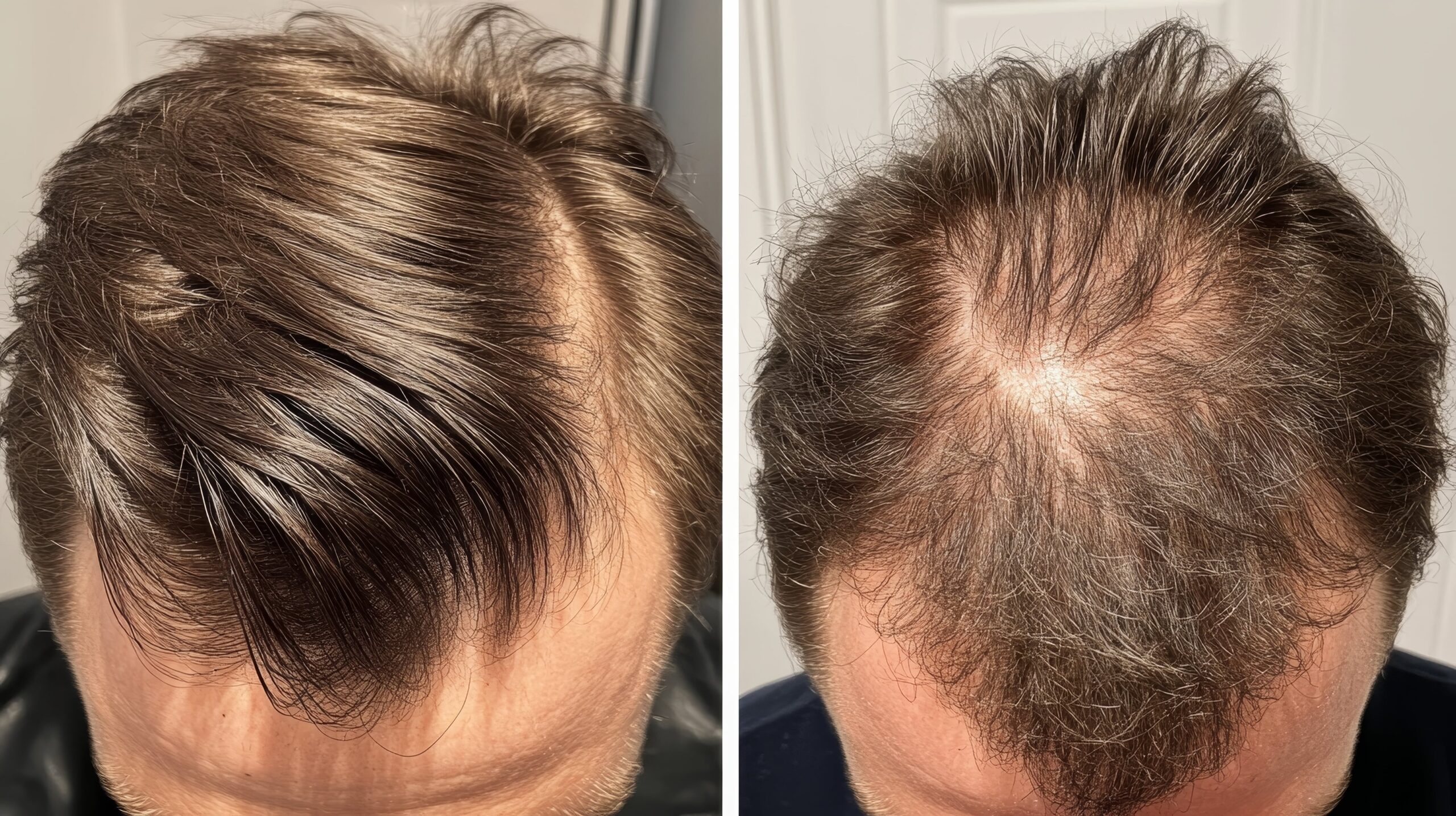 Voor en na resultaat van een succesvolle haartransplantatie bij man