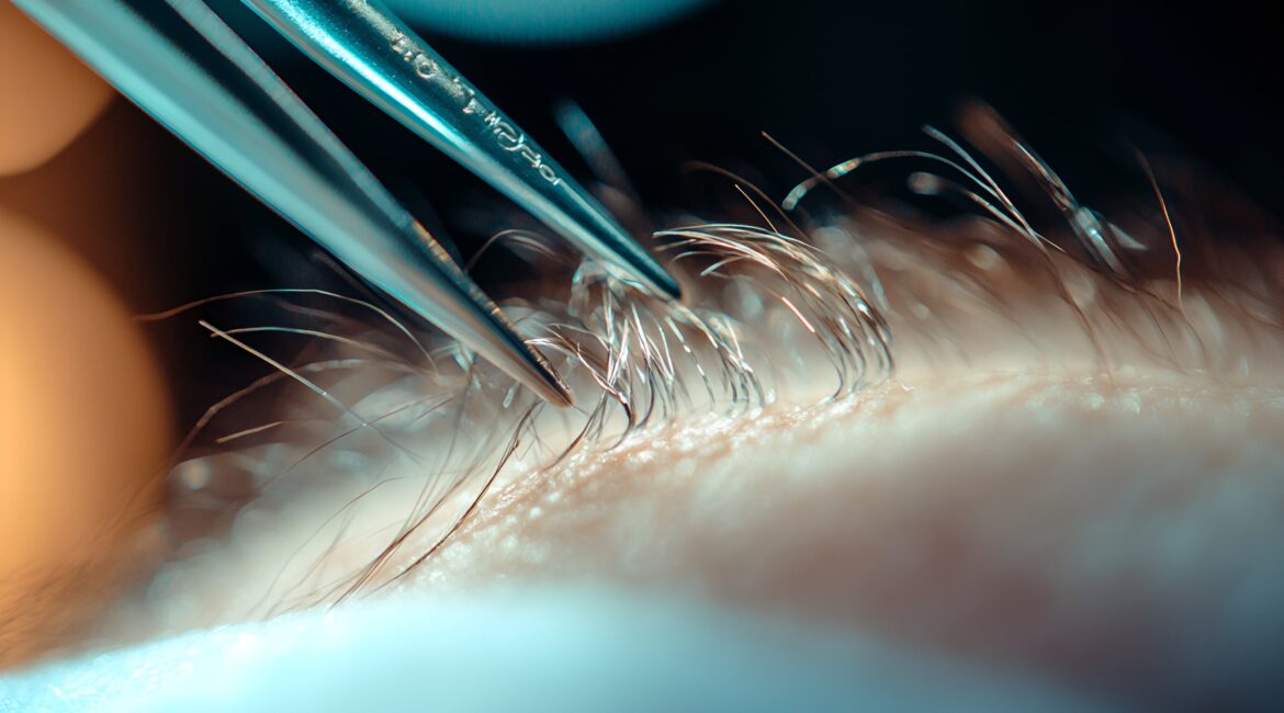 Photo of a close-up hair transplant procedure showing forceps implanting individual grafts into the scalp
