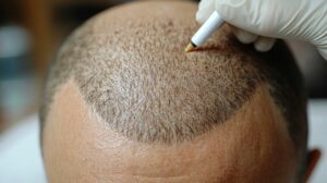 Foto van een haarimplantatie met een DHI-pen op de hoofdhuid na een transplantatie