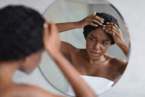 Donna preoccupata si guarda allo specchio chiedendosi quanti capelli si perdono al giorno