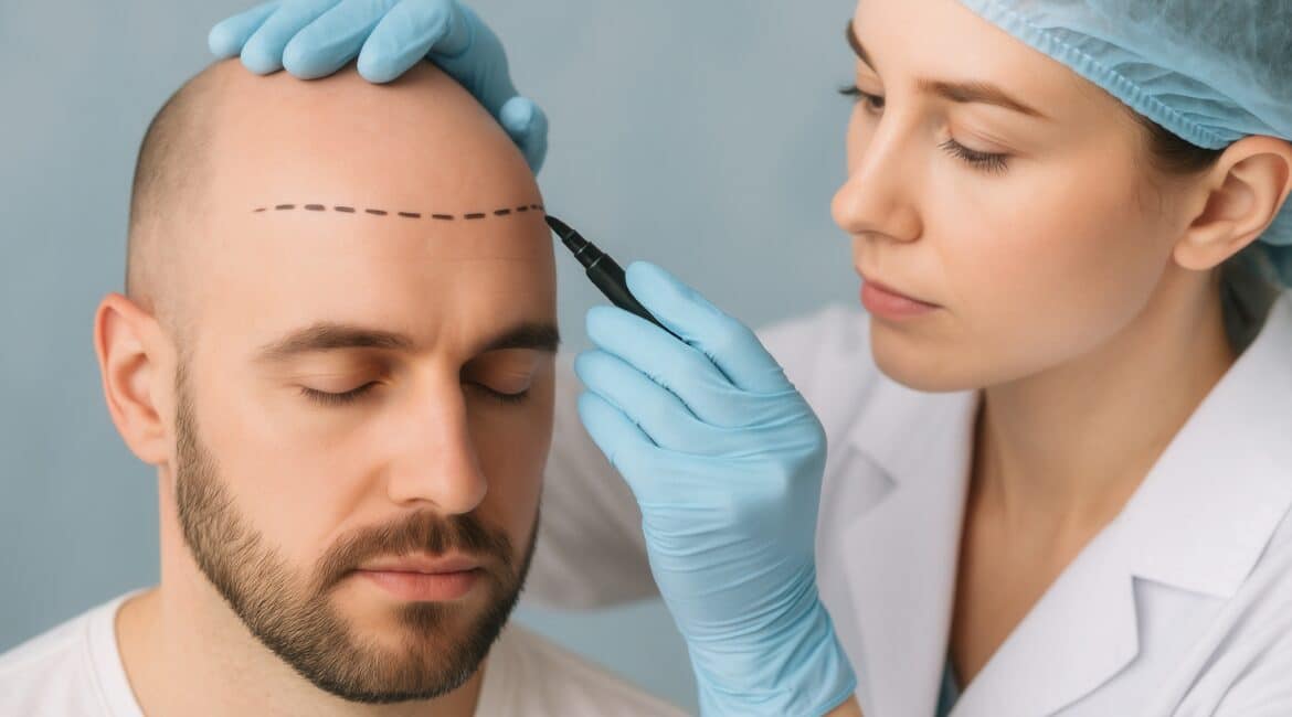 Hair transplant surgeons in USA and Turkey use the same method to prepare patients for a follicular unit transplantation procedure, marking the recipient area on the scalp