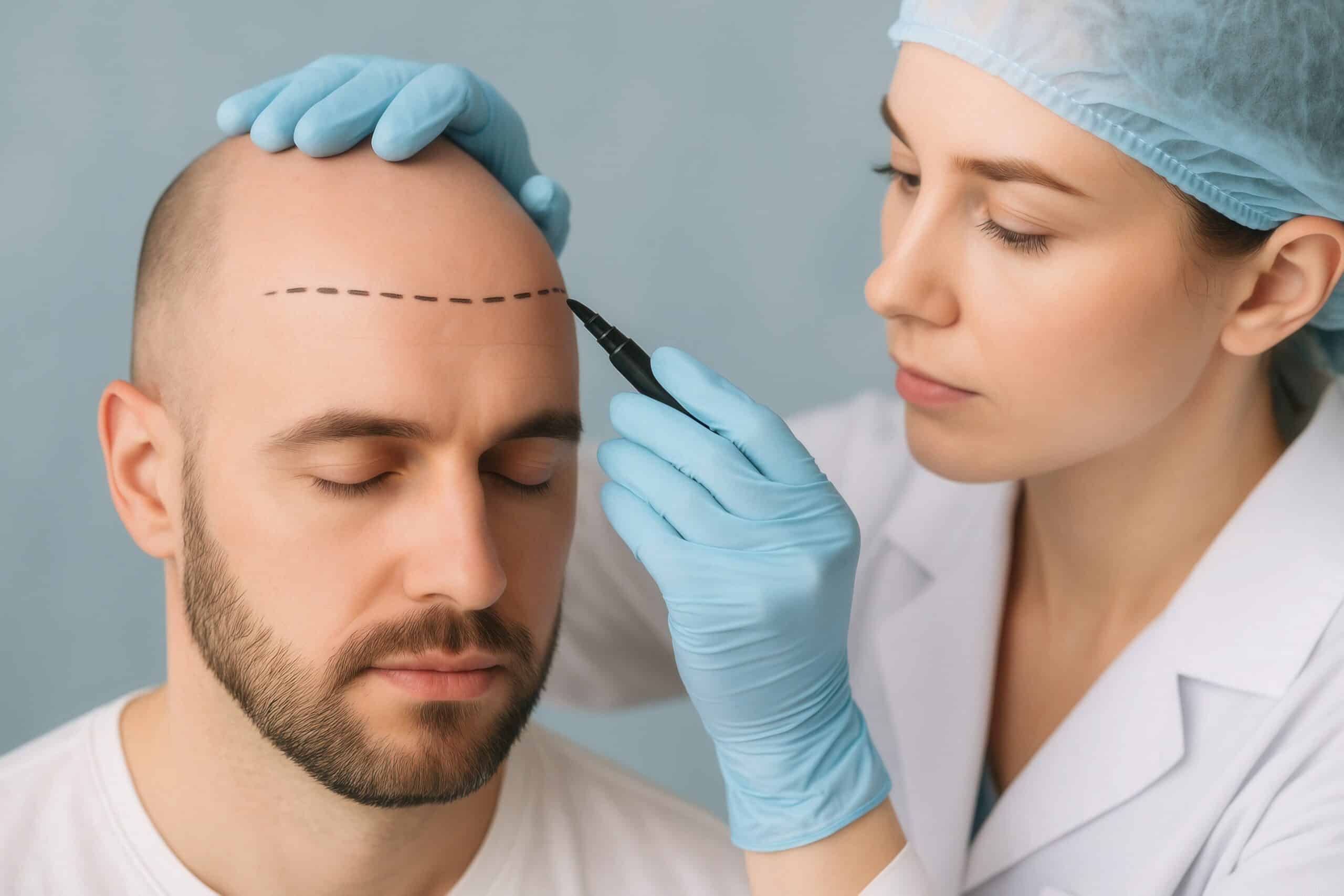 Hair transplant surgeons in USA and Turkey use the same method to prepare patients for a follicular unit transplantation procedure, marking the recipient area on the scalp