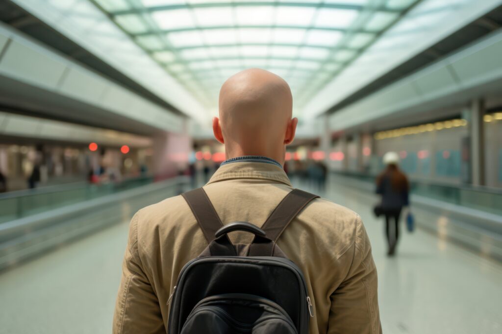 Traveler at an airport in the USA – many patients fly abroad for hair transplant procedure in Turkey