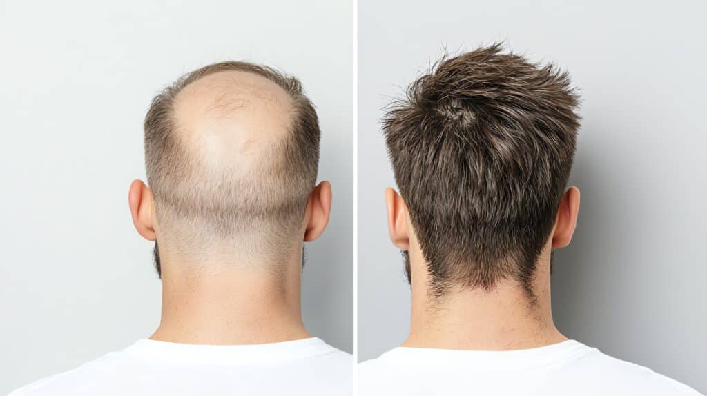Rear view of a man showing bald spot before and full hair regrowth after transplant surgery in Turkey