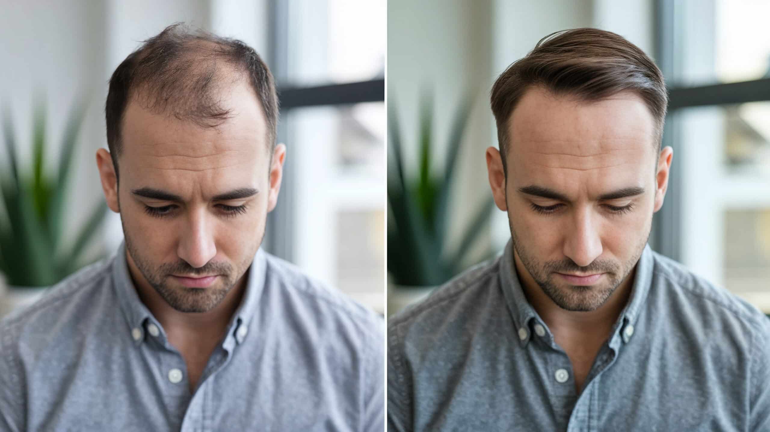 Before and after comparison of a young man showing successful frontal hair restoration