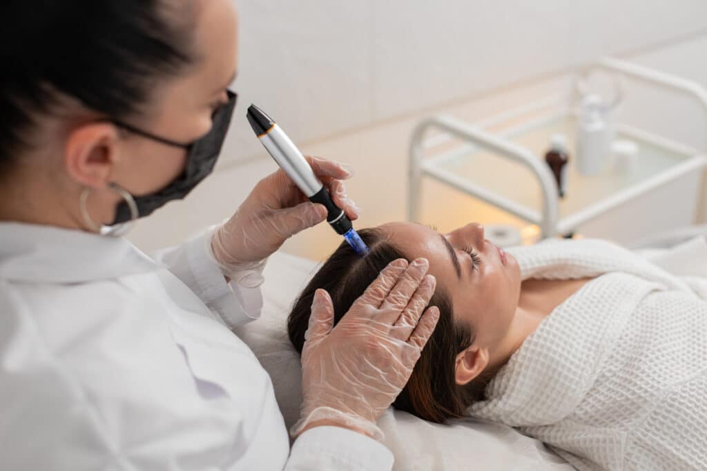 Female patient undergoing hair transplant procedure using a DHI micro-punch tool in Australia vs Turkey
