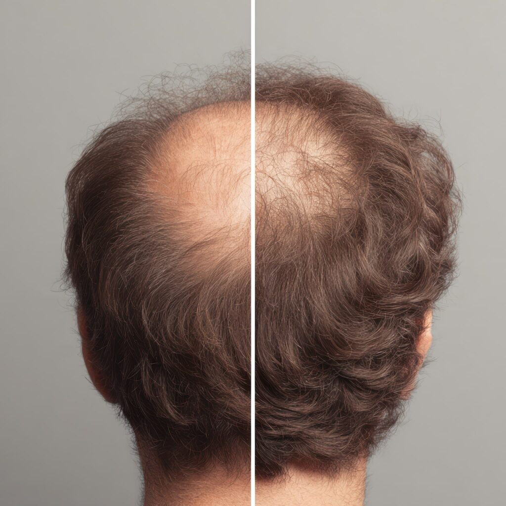 Résultat avant et après d’un traitement de luminothérapie contre la perte de cheveux