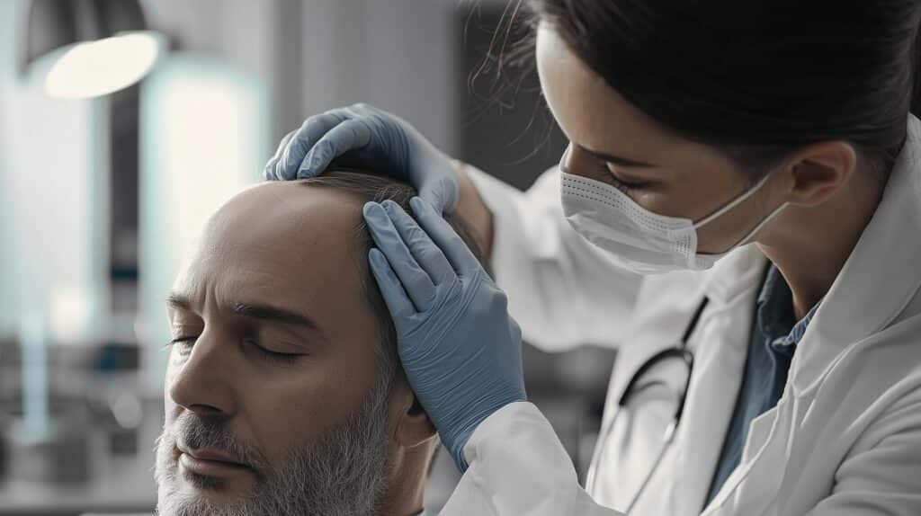 Arts controleert hoofdhuid na haartransplantatie herstel