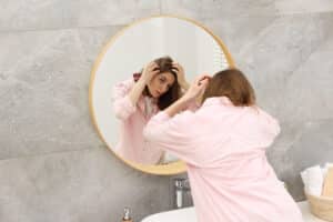 Ragazza si guarda allo specchio chiedendosi quali sono le malattie che provocano la caduta dei capelli