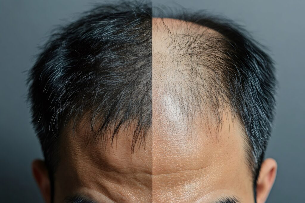 Kale kruin met zichtbaar voller haar na haartransplantatie na 5 maanden