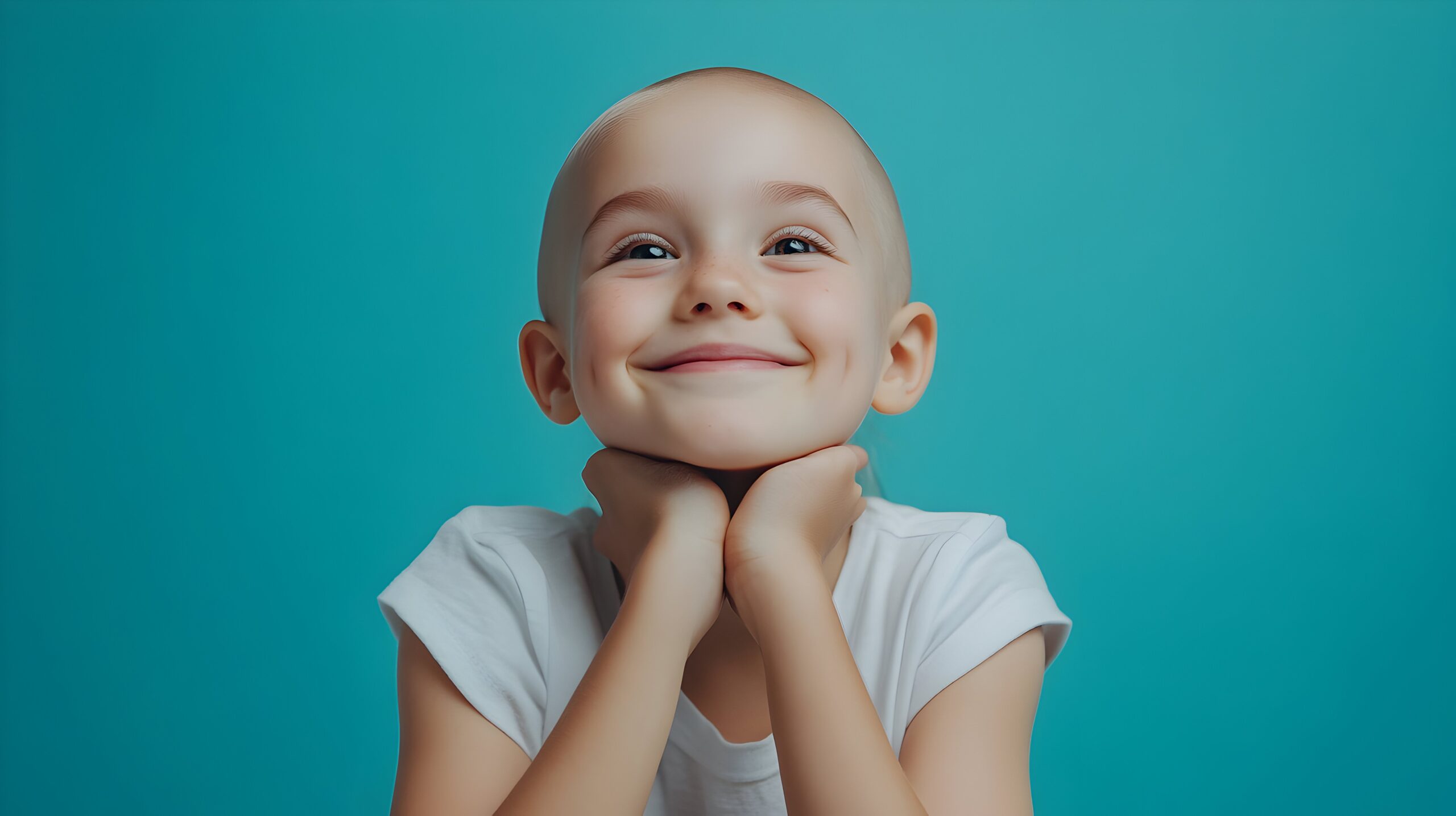 Enfant chauve souriant avec les mains sous le menton – perte de cheveux enfant