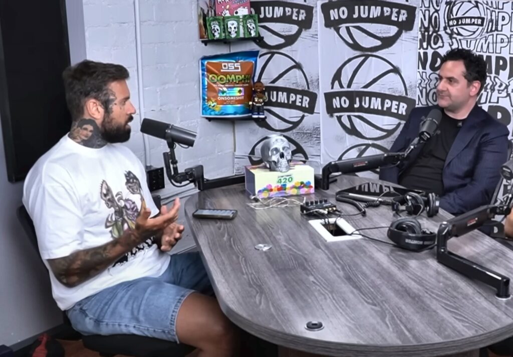 Photo of Adam22 and Dr.Levent Acar discussing hair transplant during the No Jumper podcast