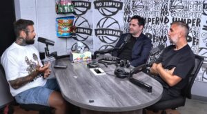 Image of Adam22, Dr. Levent Acar and Keiran Lee discussing hair transplant during theNo Jumper podcast