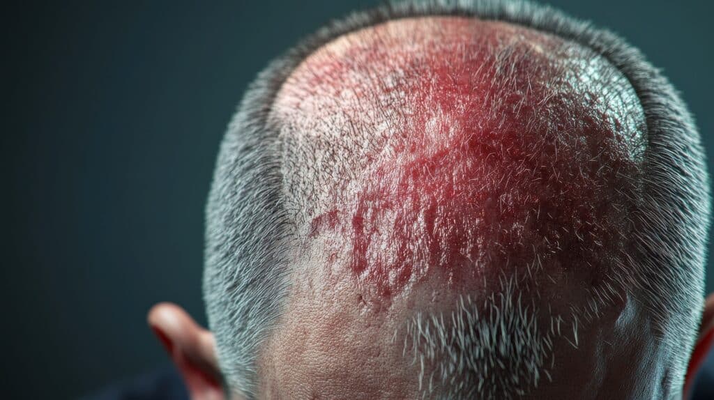 Inflammation et rougeur du cuir chevelu causées par le lupus, entraînant le lupus perte de cheveux.
