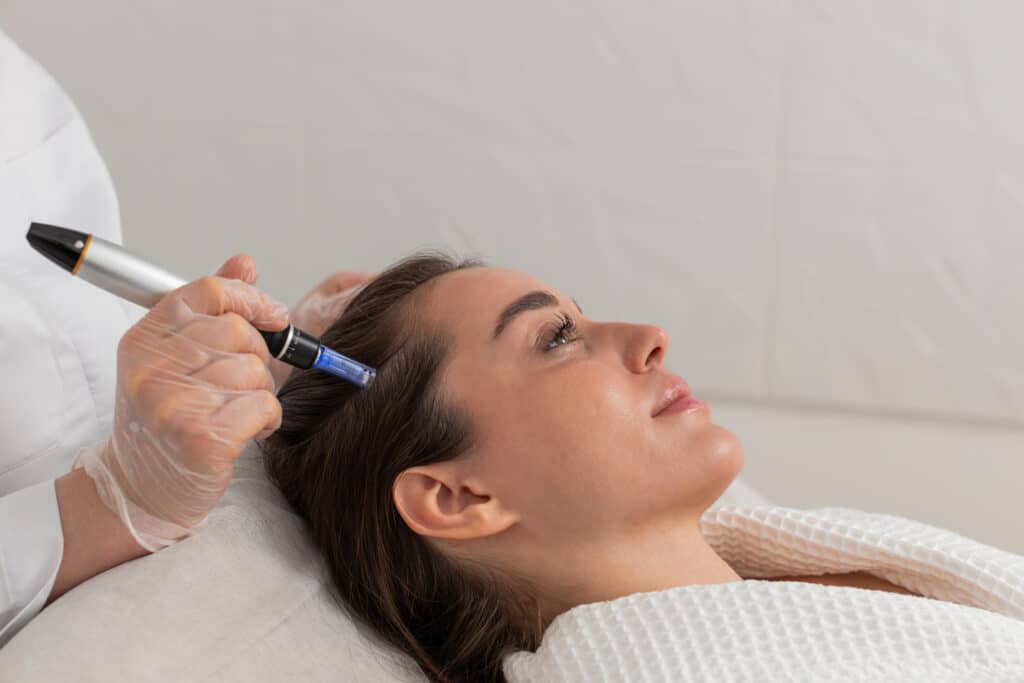 Tijdens mesotherapie haar worden vitamines en mineralen rechtstreeks in de hoofdhuid toegediend