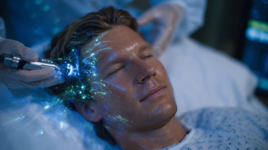 Patient receiving exosome therapy for hair loss treatment in a medical clinic