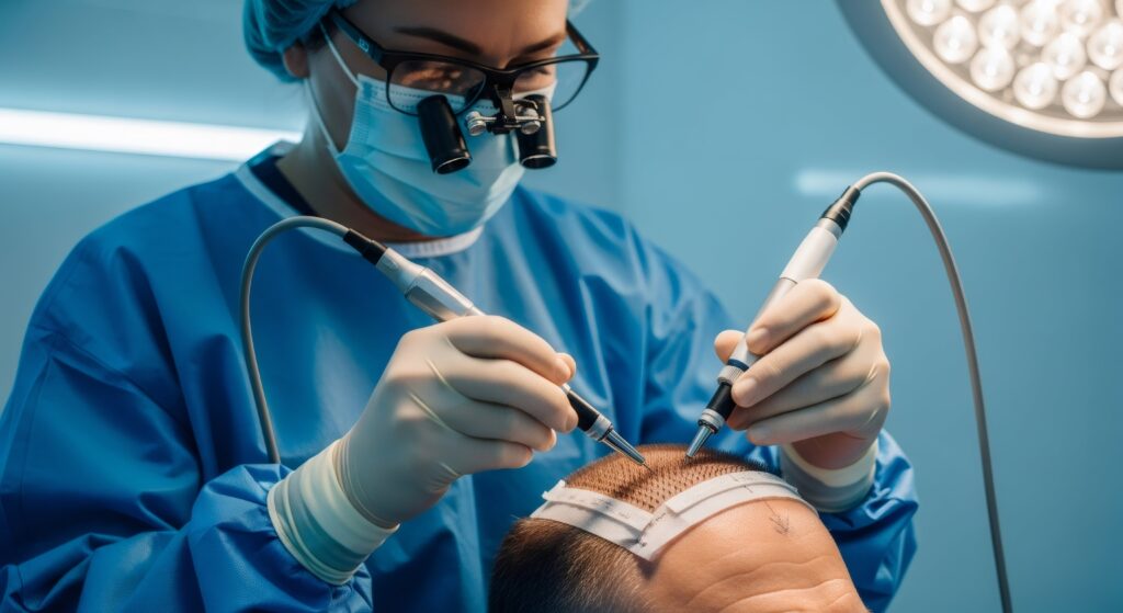 Une greffe capillaire FUE ou DHI réalisée avec des outils micro-saphir assure une implantation contrôlée et une cicatrisation rapide