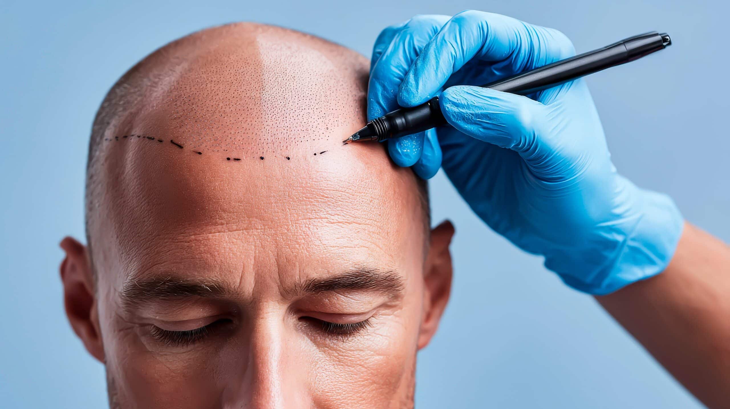 Le chirurgien dessine la future ligne capillaire avant une greffe de cheveux FUE ou DHI, garantissant une symétrie parfaite