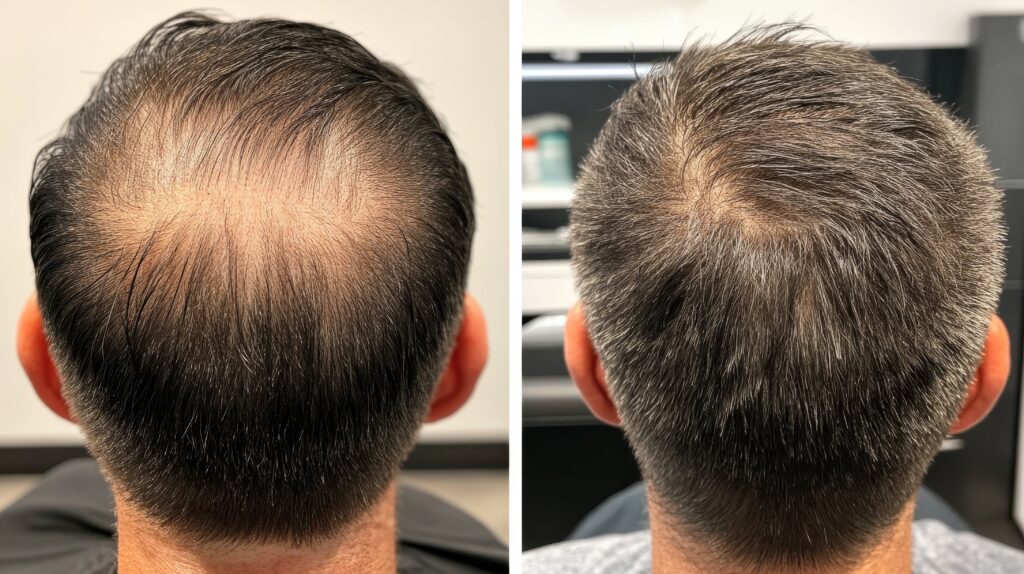 Comparaison avant/après : la greffe de cheveux FUE ou DHI permet une densité capillaire homogène et naturelle